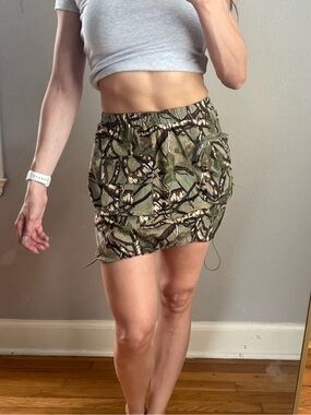 Olive Green Camo Drawstring Cargo Skirt